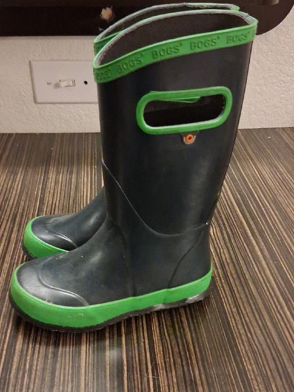 Bogs Black and Green Kids Rain Boots